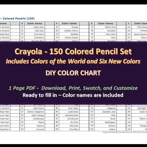 Crayola 150 Colored Pencil Set DIY Color Chart / Swatch Etsy