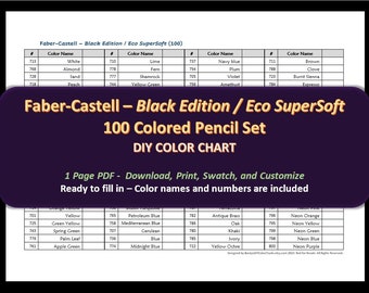 Faber-Castell Black Edition / Eco SuperSoft - Ensemble de 100 crayons de couleur - Nuancier DIY / Feuille d'échantillons - Téléchargement numérique