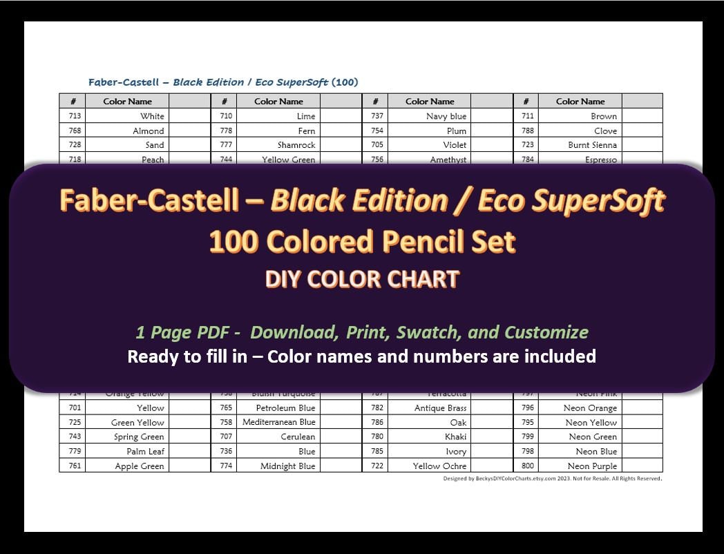 Faber-Castell Black Edition / Eco SuperSoft - Juego de 100 lápices de colores - Tabla de colores para hacer tú mismo / Hoja de muestras - Descarga digital