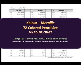 Kalour Metallic- Juego de lápices de colores 72 - Carta de colores DIY / Hoja de muestras - Descarga digital