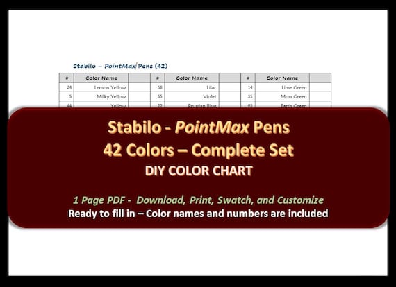 Stabilo Pointmax 42 Pen Set DIY Color Chart / Swatch Sheet Digital Download  