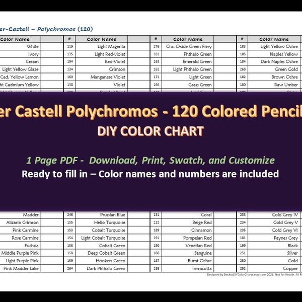 Faber Castell Polychromos - 120 Colored Pencil Set - DIY Color Chart / Swatch Sheet - Digital Download