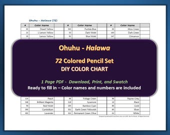Ohuhu - Halawa 72 Colored Pencils Set - PDF DIY Color Chart / Swatch Sheet