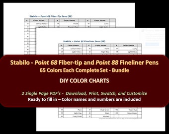 May include: A bundle of DIY color charts for Stabilo Point 68 Fiber-tip and Point 88 Fineliner pens. The charts include 65 colors each, with color names and numbers. The charts are downloadable PDFs for printing and customization.