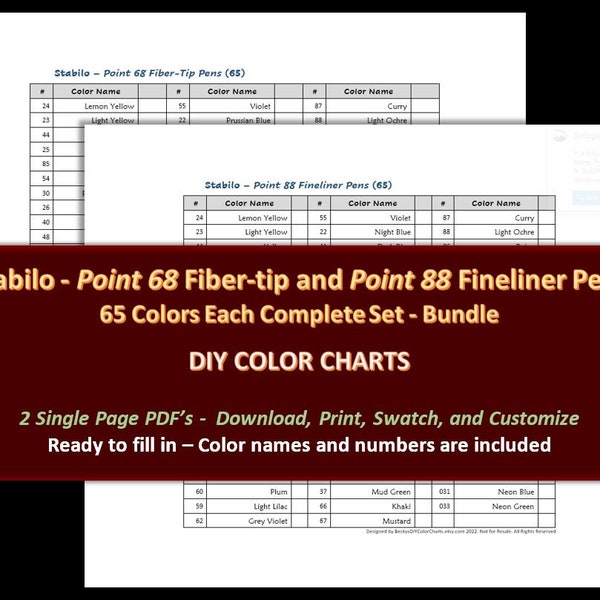 Stabilo - Point 68 and Point 88 Pens Bundle - DIY Color Chart / Swatch Sheet - Digital Download