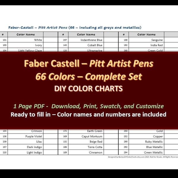 Faber Castell - Pitt Artist Pens - DIY Color Chart / Swatch Sheet - Digital Download