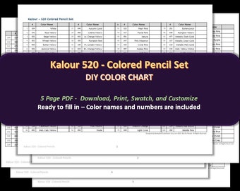 Kalour - lot de 520 crayons de couleur - nuancier vierge bricolage/feuille d'échantillons - téléchargement numérique