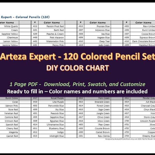 Arteza Expert - 120 Colored Pencil Set - DIY Color Chart / Swatch Sheet - Digital Download