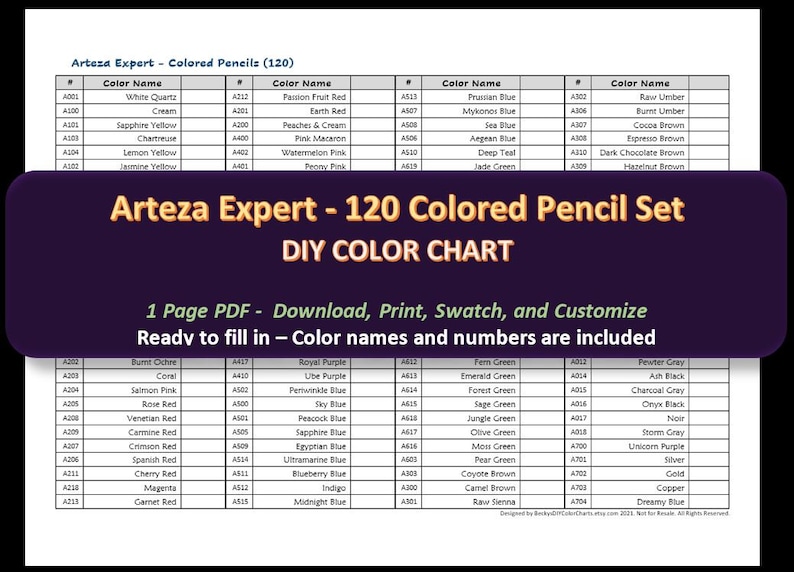 Arteza Expert 120 Colored Pencil Set DIY Color Chart / Etsy