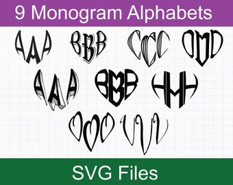 Monogram SVG Bundle, 9 Monogram Alphabets, Heart Monogram Letters SVG, SVG files for Cricut