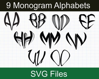 Monogram SVG Bundle, 9 Monogram Alphabets, Heart Monogram Letters SVG, SVG files for Cricut
