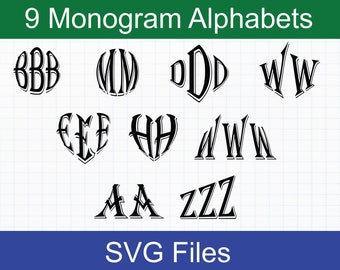Monogram SVG Bundle, 9 Monogram Alphabets, Monogram Letters SVG, SVG files for Cricut