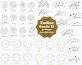 Puede incluir: Un conjunto de 36 signos del zodíaco en blanco y negro, que incluyen tanto la constelación como el símbolo astrológico. Los signos están dispuestos en una cuadrícula sobre un fondo blanco con líneas negras. El texto "Zodiac Bundle III" está en un círculo marrón en el centro de la imagen.