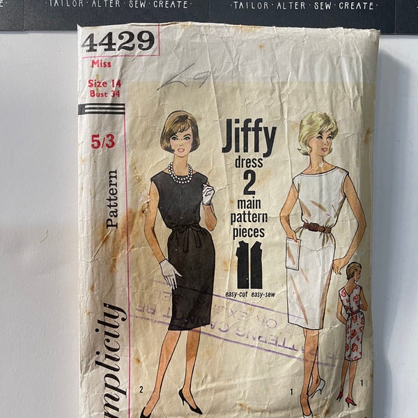 Vintage sewing pattern Simplicity Jiffy 4429 sz 14 cut and complete simple to make sleeveless dress round front neckline v neck back