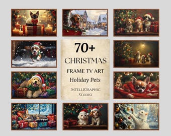 May include: A collection of framed art prints featuring holiday-themed pets. The images showcase cats and dogs in festive settings with Christmas trees, gifts, and Santa hats. Text reads "70+ CHRISTMAS FRAME TV ART Holiday Pets".