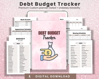 Könnte beinhalten: Ein digitaler Debt Budget Tracker mit rosa Aquarellhintergrund. Das Cover zeigt den Titel und eine Illustration einer Hand, die einen Geldsack hält. Verschiedene Seiten enthalten Vorlagen für Bankkonten, Terminpläne und Budgets. Die Worte "Digitaler Download" stehen unten.
