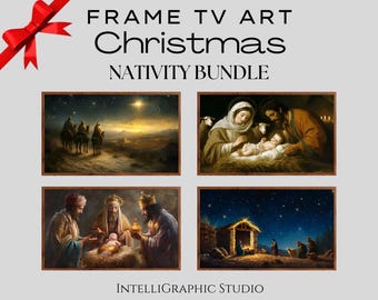 May include: A Christmas Nativity Bundle for Frame TV Art. The image features four framed artworks depicting scenes from the Nativity story, including the Three Wise Men, the Holy Family, and the star of Bethlehem. A red bow is in the upper left corner.