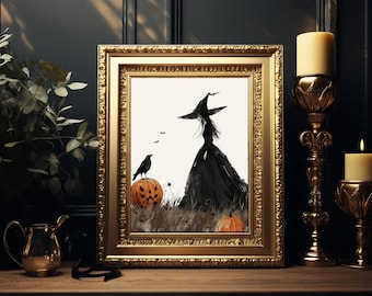 May include: A framed Halloween-themed artwork featuring a witch in a black dress and hat, a crow perched on a carved pumpkin, and two other pumpkins. The artwork is in a gold frame, with candles and a decorative pitcher nearby.