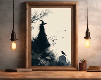 Halloween Hexe Kunstdruck, Dark Academia Wanddekor, Gruselige Hexe Kunst, druckbare Wandkunst, digitaler Download