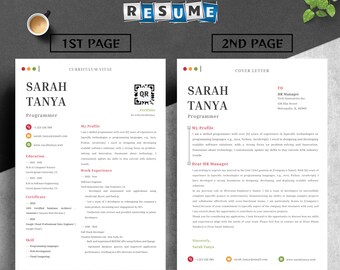 Editable programmer resume template, canva diy template, cover letter, curriculum vitae resume template, modern and professional resume