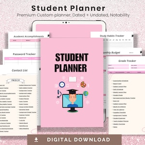 Könnte beinhalten: Ein rosa Studentenplaner mit dem Titel "Student Planner" in fetten schwarzen Buchstaben. Der Planer enthält Abschnitte für akademische Leistungen, einen Passwort-Tracker und eine Kontaktliste. Das Bild zeigt auch ein Tablet und andere Planerseiten.