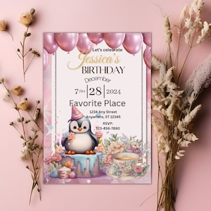 Invitación a fiesta de celebración, invitaciones a fiesta de cumpleaños sorpresa, cumpleaños de niños, tema lindo pingüino, plantilla editable, descarga instantánea