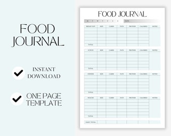 Pode incluir: Um modelo de diário alimentar branco com as palavras "FOOD JOURNAL" no topo. O diário inclui seções para café da manhã, almoço, jantar e lanches, com colunas para tamanho, carboidratos, gorduras, proteínas, calorias e notas. O texto à esquerda diz "INSTANT DOWNLOAD" e "ONE PAGE TEMPLATE."