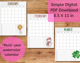 Planificador mensual completo plurianual en acuarela. Descarga digital, PDF (20 x 28 cm)