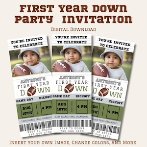 May include: Digital download invitation for a first-year party. The design features a child holding a football, with text that reads "You're Invited to Celebrate" and "Anthony's First Year Down." Includes date, time, and location details.