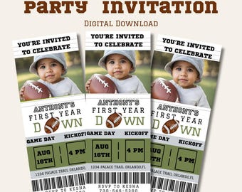 Football First Birthday Invitation Template &#39;First Year Down&#39; Editable Canva Invite Boy 1st Bday E‑vite Boy First Birthday e-vite, Editable