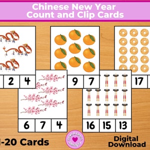 Contagem e cartões de clipe do Ano Novo Chinês | Imprimíveis inspirados em crianças | Download de matemática digital | Montessori, ensino doméstico, pré-escola, jardim de infância