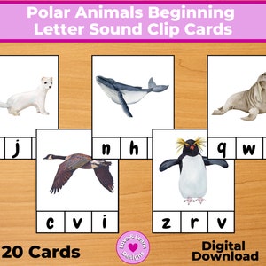 Cartes sonores de lettre de début d’animaux polaires| Téléchargement numérique imprimable inspiré par l’enfant| Montessori, École à la maison, École maternelle, Maternelle