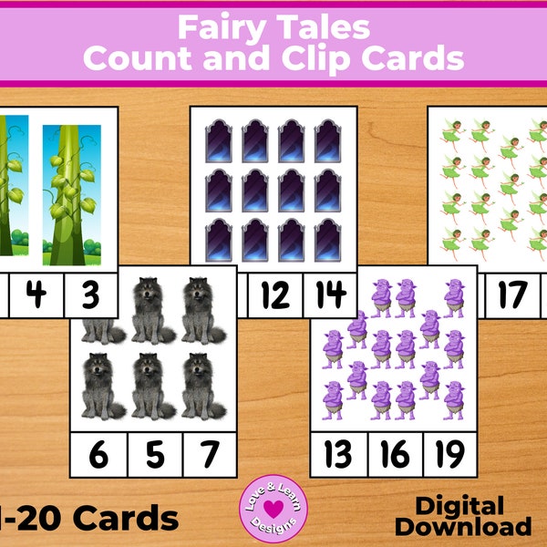 Fairy Tales Count and Clip Cards| Child Inspired Printables|Math Digital Download| Montessori, Homeschool, Preschool, PreK, Kindergarten