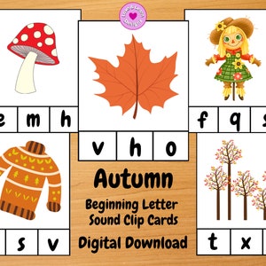 Tarjetas de clip de sonido de carta inicial de otoño / Descarga digital imprimible inspirada en niños / Montessori, Educación en el hogar, Preescolar, PreK, Jardín de infantes