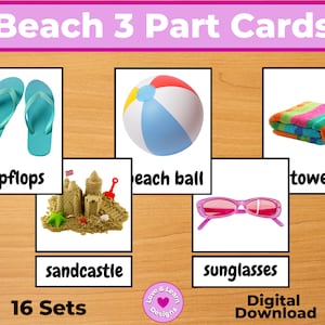 Cartões de 3 partes do tema da praia | Download digital para impressão | Montessori, ensino doméstico, pré-escola, jardim de infância, escola