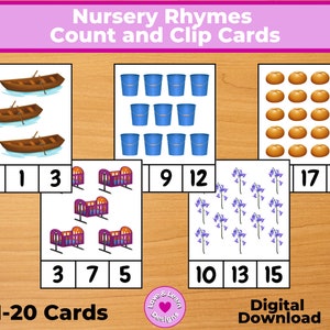 Conteggio filastrocche e cartoline con clip/Stampabili ispirati ai bambini/Download digitale matematica/Montessori, Scuola domiciliare, Scuola materna, PreK, Scuola materna