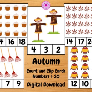 Tarjetas de clip y conteo de otoño/ Imprimible inspirado en niños/ Descarga digital/ Montessori, Educación en el hogar, Preescolar, PreK, Jardín de infantes