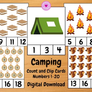 Comptage de camping et cartes à clips | Téléchargement numérique imprimable | Montessori, Homeschool, Préscolaire, PreK, Kindergarten