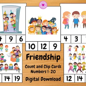 Contagem de amizade e cartões de clipe | Inspirado em crianças para impressão | Download digital | Montessori, ensino doméstico, pré-escola, pré-escola, jardim de infância