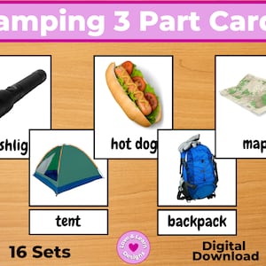 Cartes de thème de camping en 3 parties | Téléchargement numérique imprimable| Montessori, École à la maison, Préscolaire, Jardin d'enfants, École