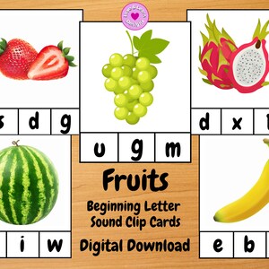 Tarjetas de clip de sonido de carta inicial de frutas / Descarga digital imprimible / Montessori, Educación en el hogar, Preescolar, PreK, Jardín de infantes