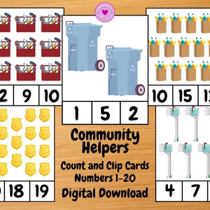 Gemeenschapshelpers tellen en knippen kaarten| Kind geïnspireerd afdrukbaar | Digitale download| Montessori, thuisschool, kleuterschool, PreK, kleuterschool