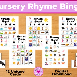 Bingo de comptines | Téléchargement numérique | Activité basée sur le jeu imprimable | Enseignement à domicile, préscolaire, préscolaire, maternelle, école, maison ou fêtes