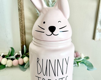 Happy Spring Rae Dunn Bunny Rabbit Dimply Canister 2017 Vintage Boutique Cani OG Pink White Easter Decor