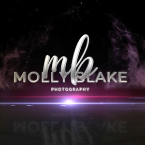 May include: A silver and white logo with the text "mb MOLLY BLAKE PHOTOGRAPHY" on a black background with pink and white smoke.