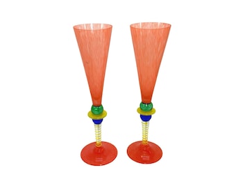 Post-Modern Harlequin Gense Berit Johansson Glass Champagne Flutes Multicolor Signed