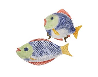 Hand-Painted Ceramic Fish-Shaped Bowl and Plate Vibrant Colors Made In Portugal