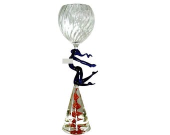 Lauscha Bimini Style Art Blown Glass Goblet Blue Nude Lady Stem Cone Base