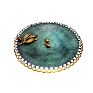 Oppenheim Israel Enameled Brass Verdigris Compote With Decorative Brass Olive Branch Motif