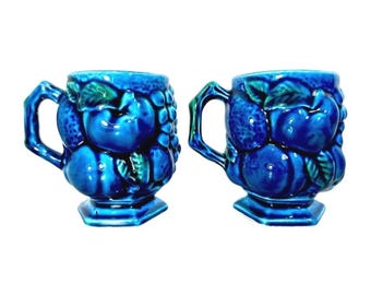 Vintage Inarco Blue Ceramic Fruit Motif Mugs Set Of 2